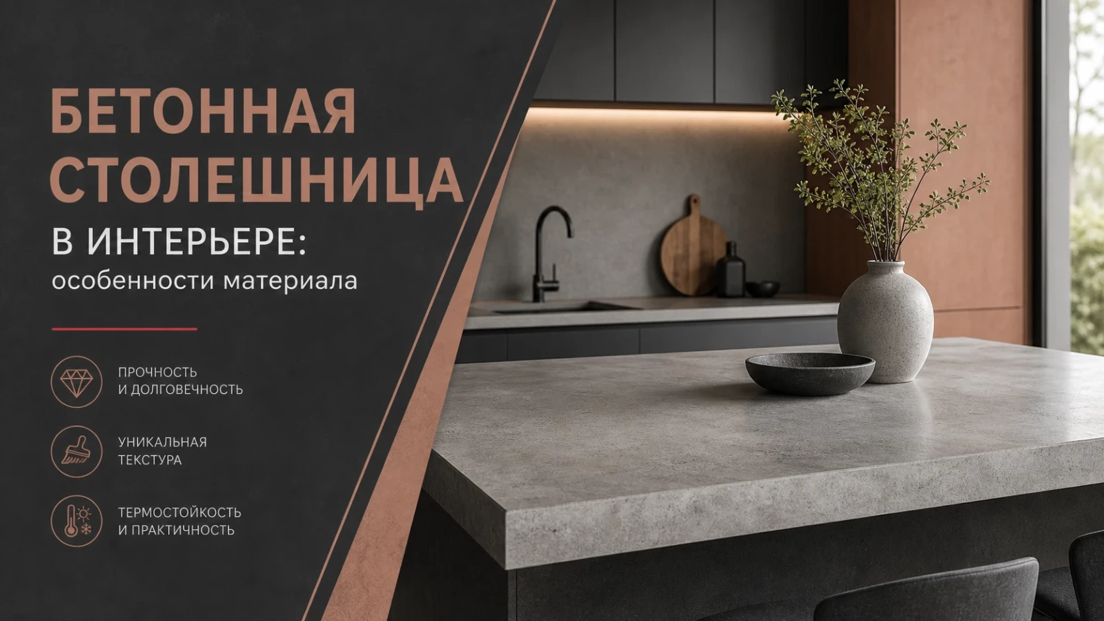 Бетонная столешница в интерьере: особенности материала
