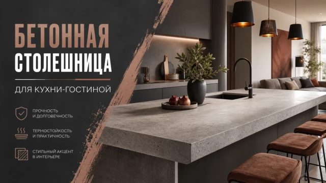 Бетонная столешница для кухни-гостиной