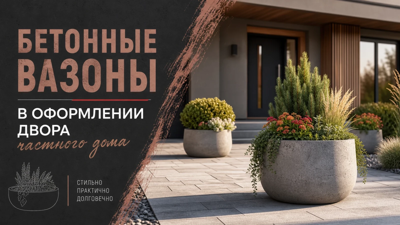 Бетонные вазоны в оформлении двора частного дома