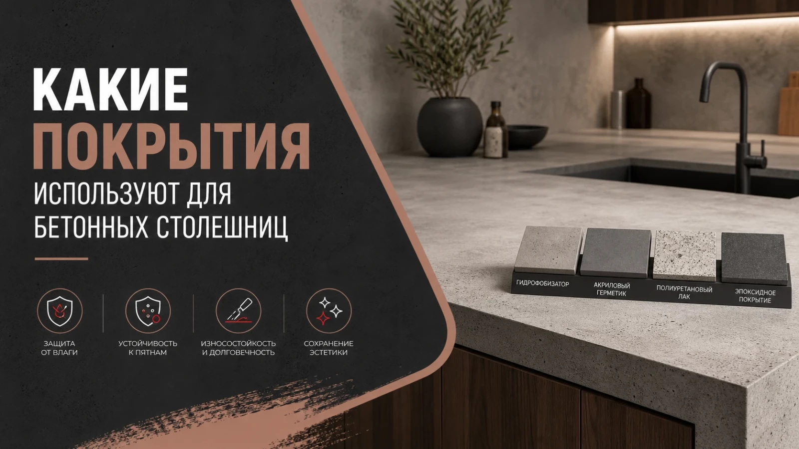 Какие покрытия используют для бетонных столешниц