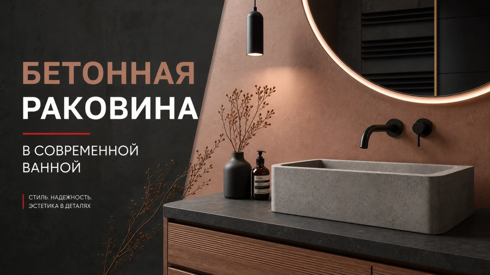 Бетонная раковина в современной ванной