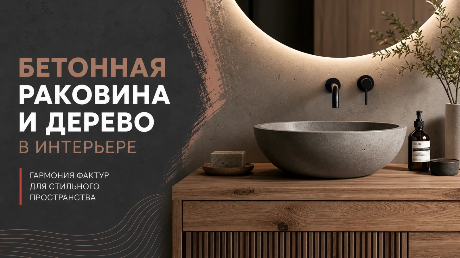 Бетонная раковина и дерево в интерьере