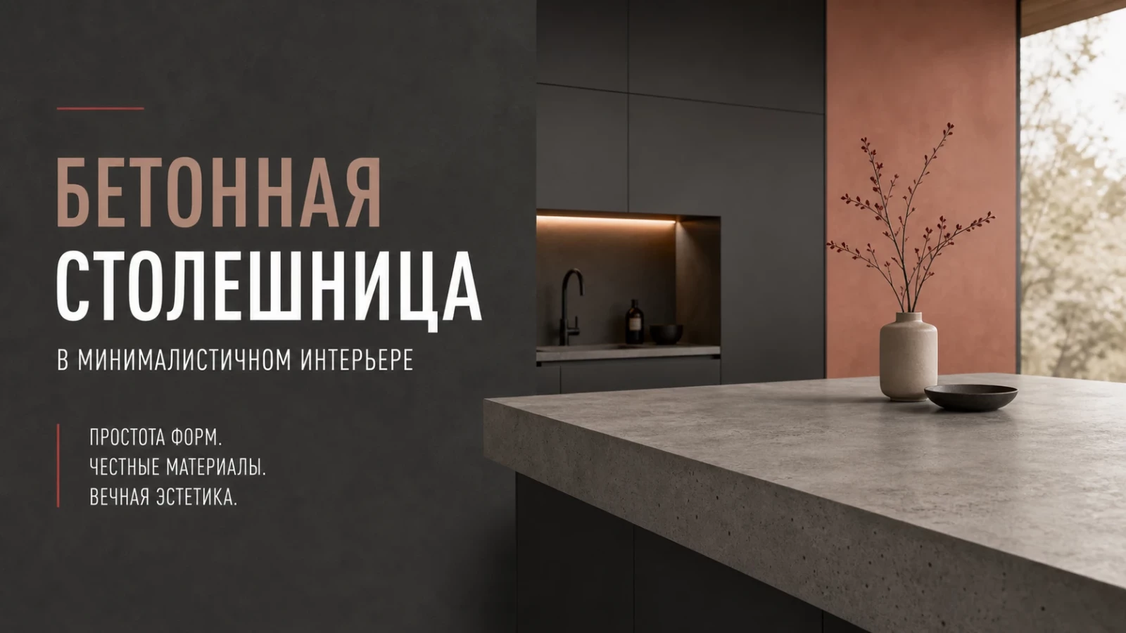 Бетонная столешница в минималистичном интерьере
