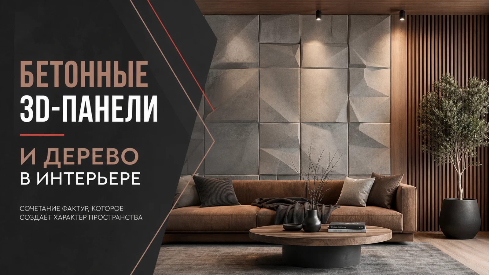 Бетонные 3D-панели и дерево в интерьере