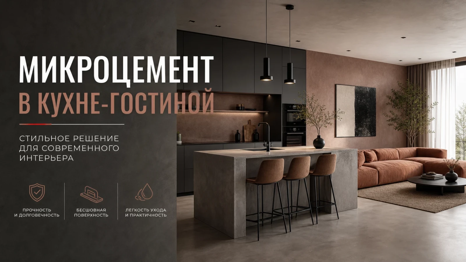 Микроцемент в кухне-гостиной