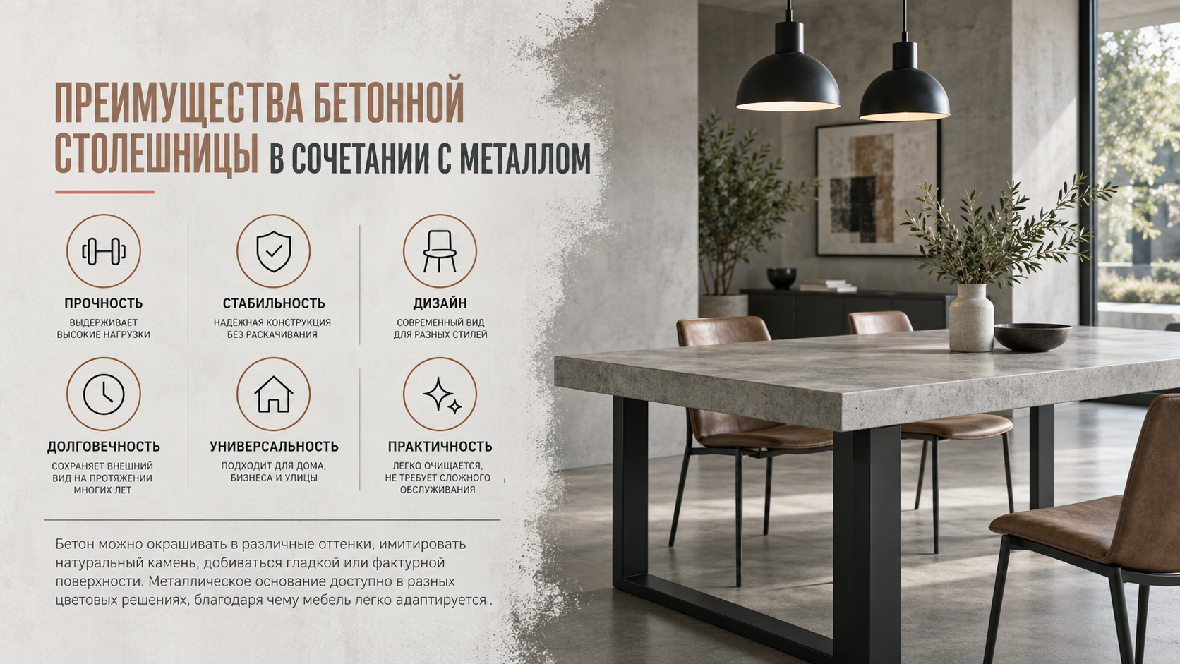 Преимущества бетонной столешницы в сочетании с металлом