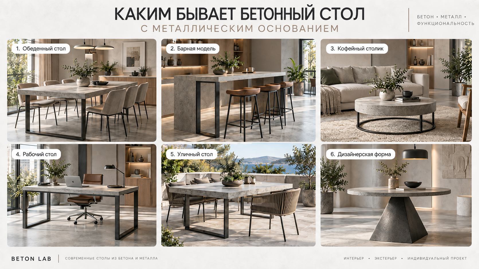 Каким бывает бетонный стол с металлическим основанием