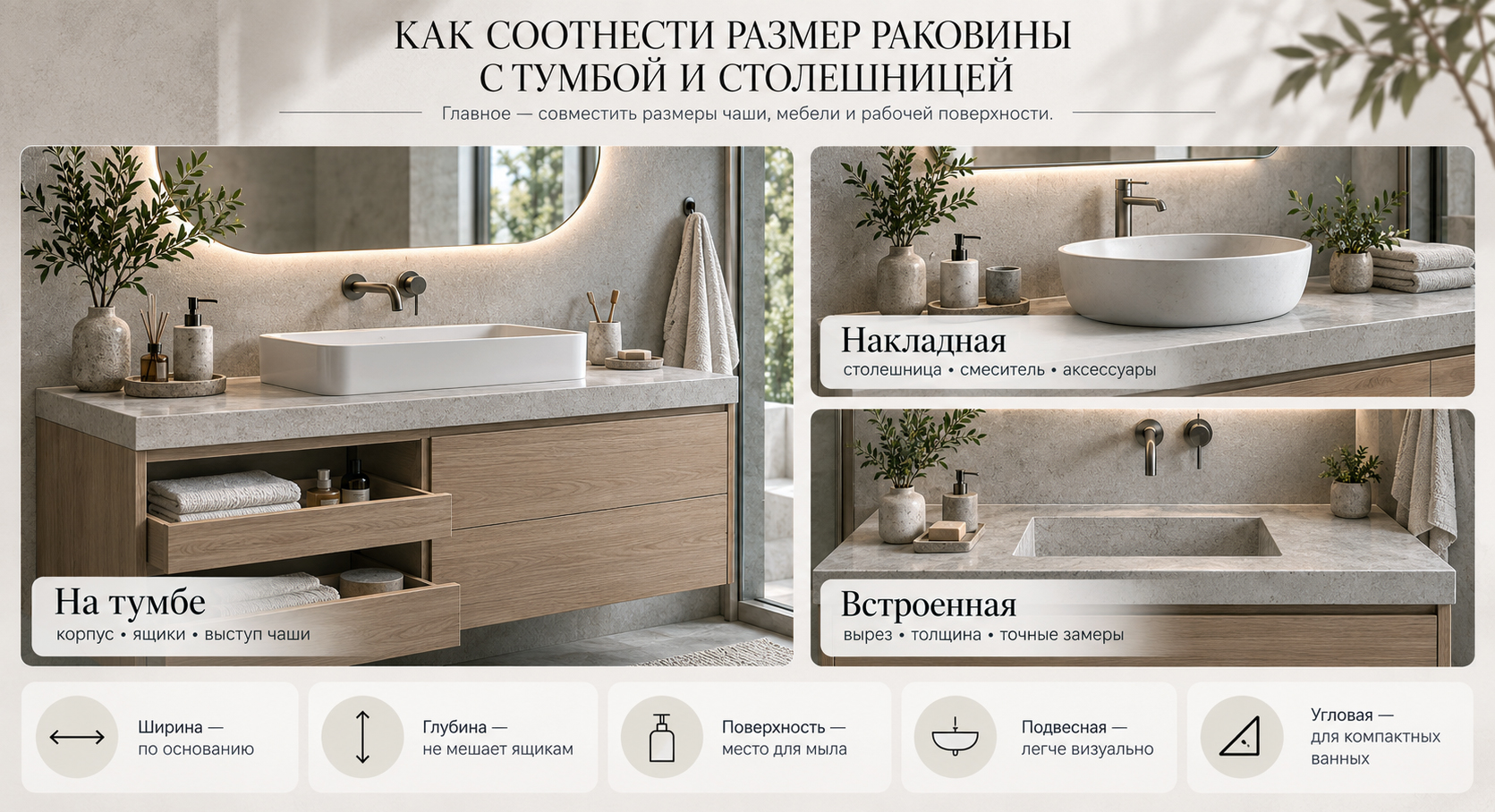 Как соотнести размер раковины с тумбой и столешницей